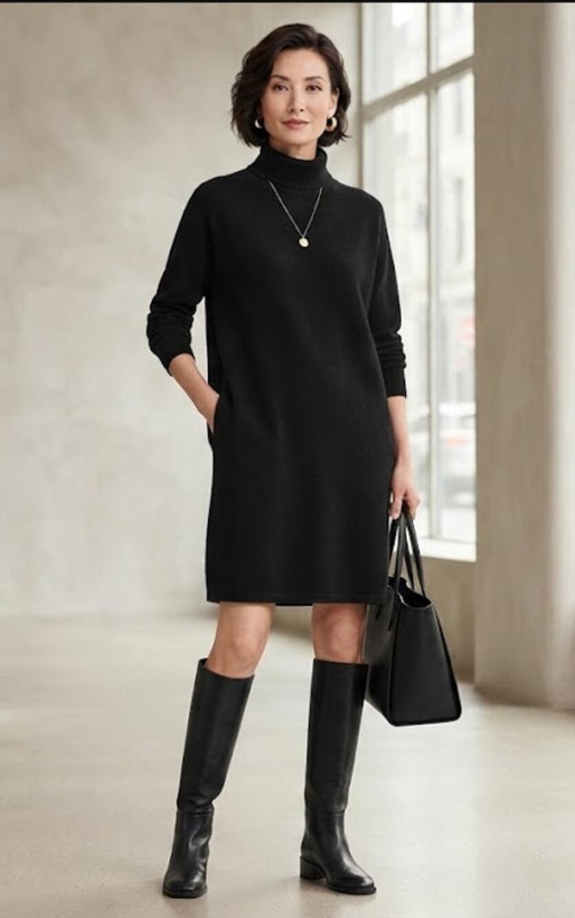 Eileen Fisher Women's Small Black Merino Wool Turtleneck Tunic Dress Knee Length